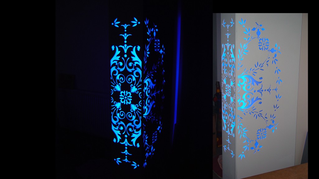 Floral Fretwork Screen backlit with blue LEDs